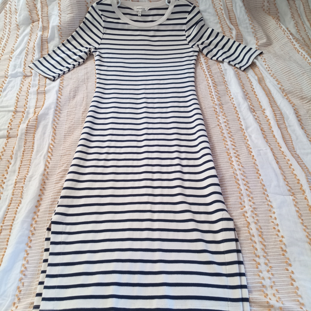 Monteau Navy and White Striped Long Sleeve Dress